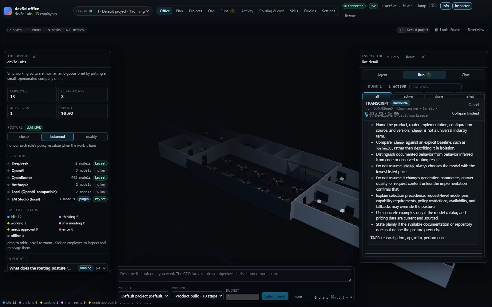 The dev3d console: a 3D floor of an office with employees seated at named desks, an information popout on the left, an inspector panel on the right, and a brief composer docked along the bottom.