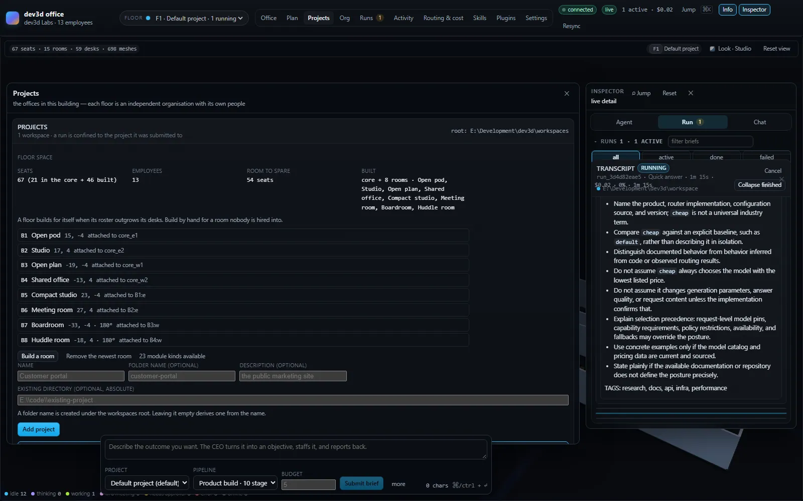 The Projects page: a list of project cards, each showing its floor number, name, directory path, staff and skill counts, spend and whether the console is currently viewing it.
