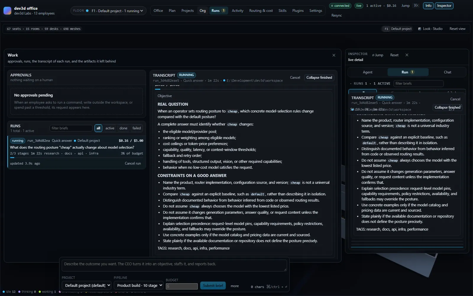 The Work page: approvals waiting on a human, a list of runs with their cost and current stage, and the open transcript of one run showing its objective, constraints and turn-by-turn record.