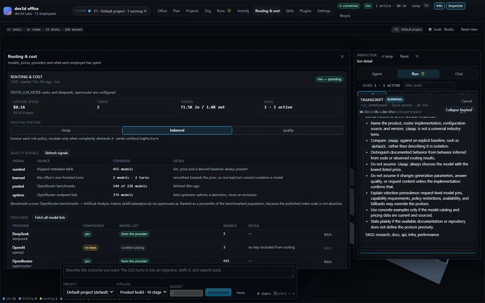 The Routing and cost panel in the dev3d office console: the routing posture selector with balanced selected, a quality-signals table listing the curated, learned, pooled and uptime sources with their model coverage, and a providers table showing which providers count as configured and how many models each contributes.