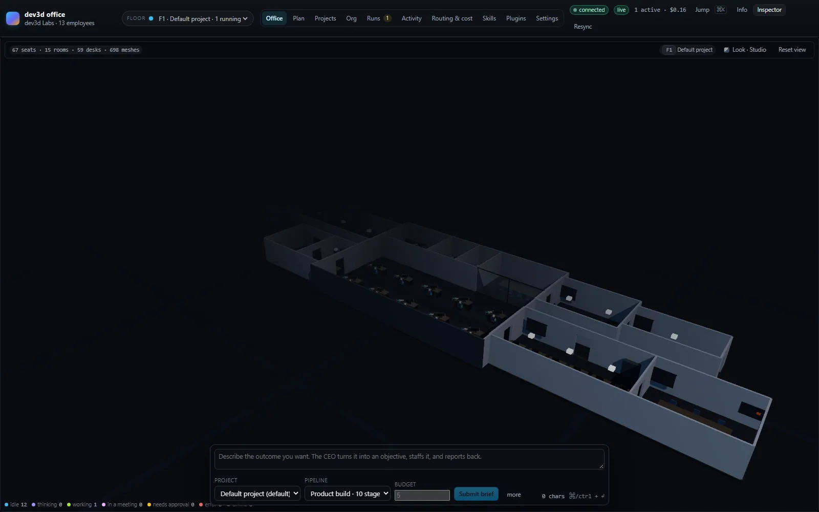 The 3D office alone with no panels open: a floor plate of rooms, glass partitions and desks under even lighting.